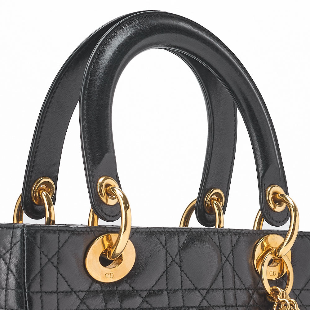 Dior Lady Dior Handbag Cannage Lambskin Black Gold-Tone Hardware Pre-Owned - Vintage La Charme