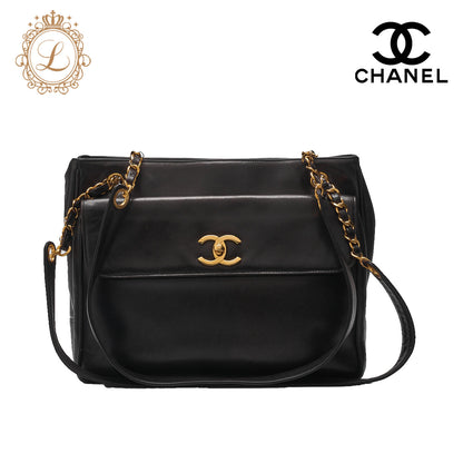 Chanel Shoulder Bag, Outside Flap, Double Chain Shoulder, Lambskin, Black, Gold-Tone Hardware, Pre-Owned - Vintage La Charme