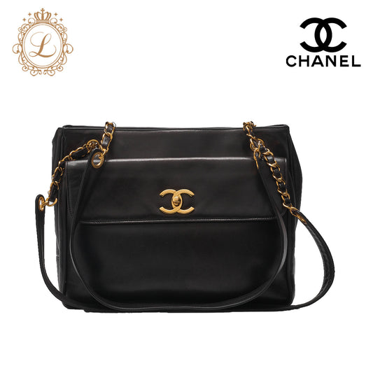Chanel Shoulder Bag, Outside Flap, Double Chain Shoulder, Lambskin, Black, Gold-Tone Hardware, Pre-Owned - Vintage La Charme