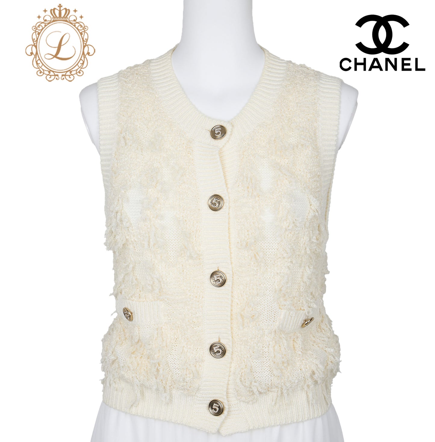 CHANEL Knitted Vest, Camisole, Cotton Blend, Ivory, Gold-Tone Hardware, Pre-Owned - Vintage La Charme