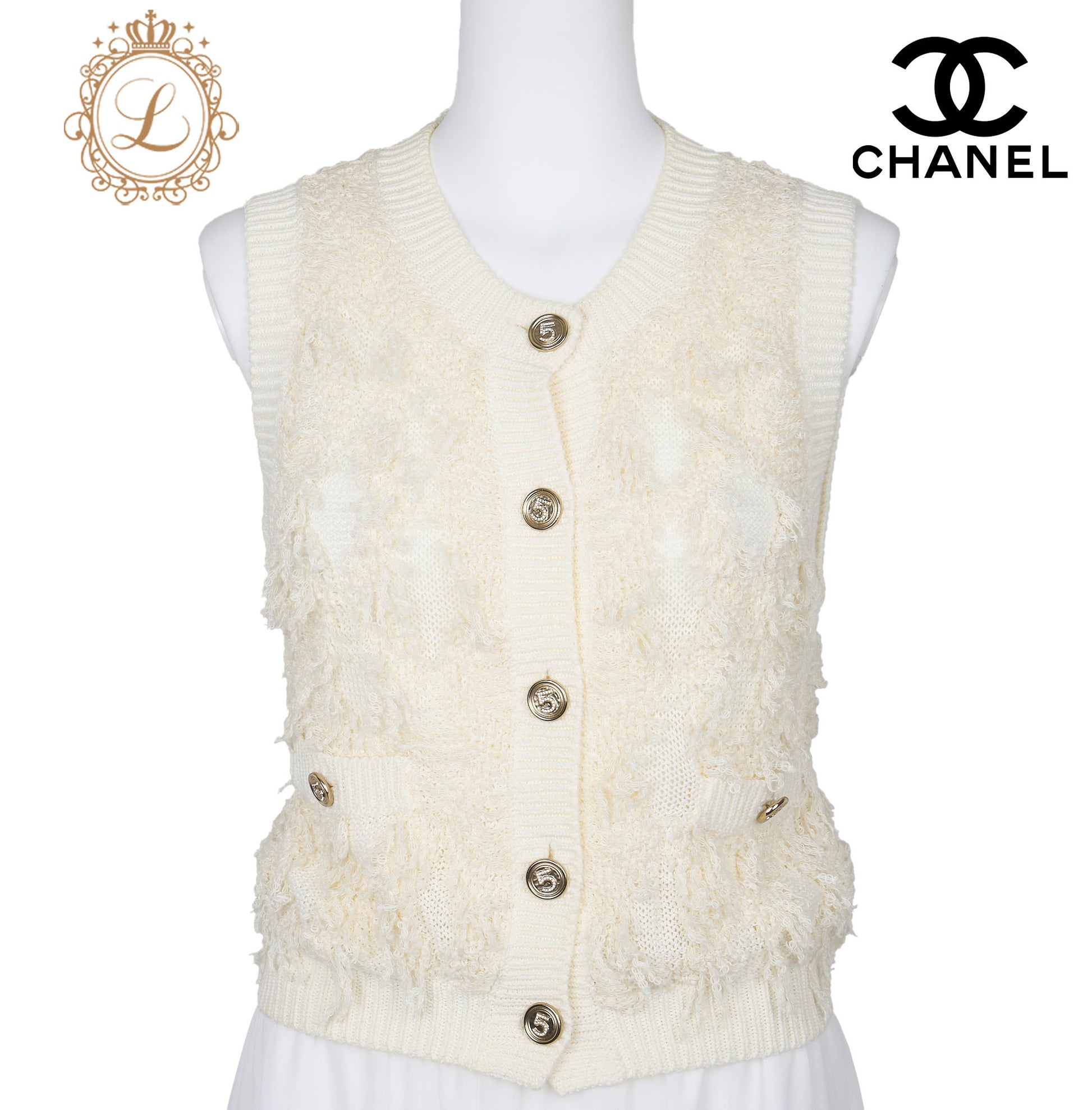 CHANEL Knitted Vest, Camisole, Cotton Blend, Ivory, Gold-Tone Hardware, Pre-Owned - Vintage La Charme