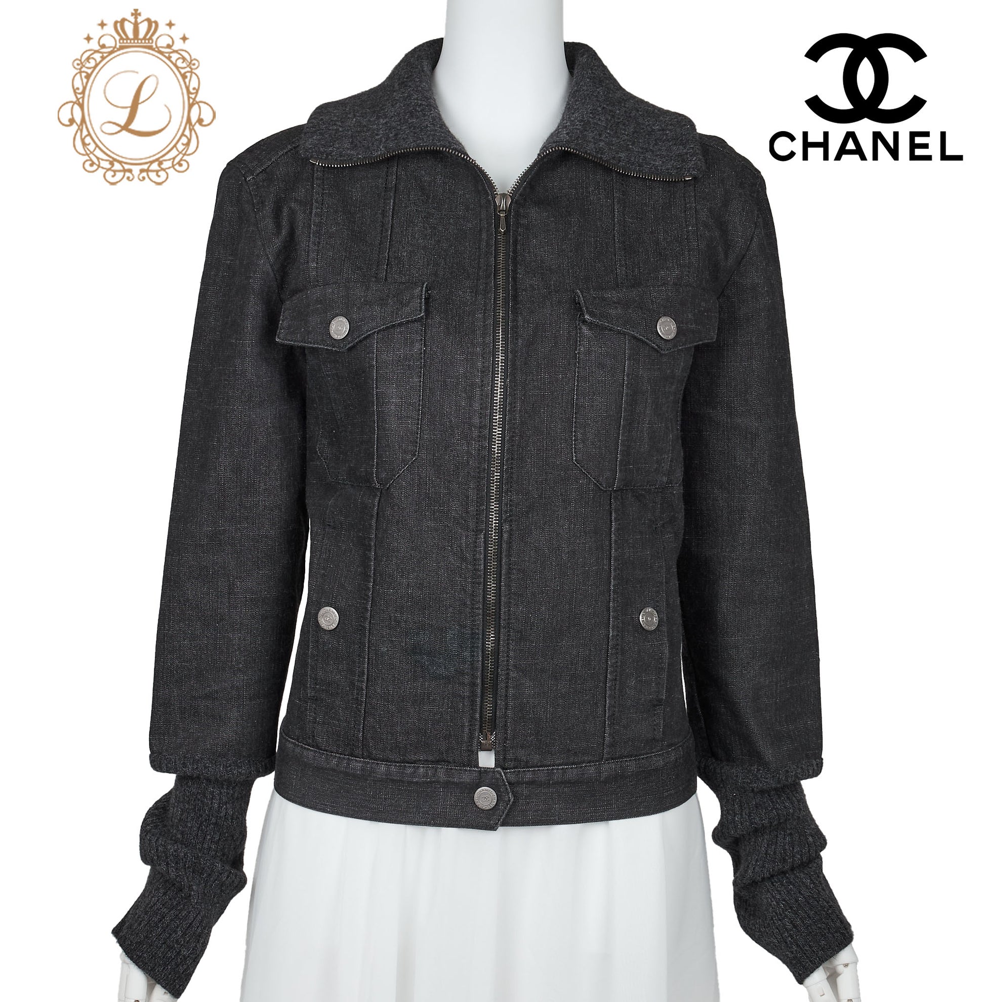 CHANEL Denim Jacket, Coco Button, Long Sleeve, Cotton Blend, Black, Gold-Tone Hardware, Pre-Owned - Vintage La Charme