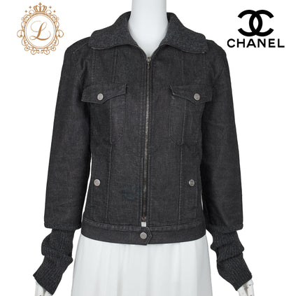 CHANEL Denim Jacket, Coco Button, Long Sleeve, Cotton Blend, Black, Gold-Tone Hardware, Pre-Owned - Vintage La Charme