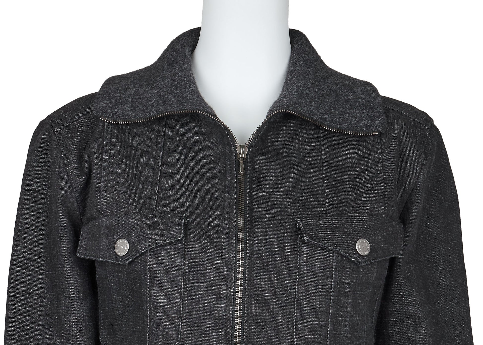 CHANEL Denim Jacket, Coco Button, Long Sleeve, Cotton Blend, Black, Gold-Tone Hardware, Pre-Owned - Vintage La Charme