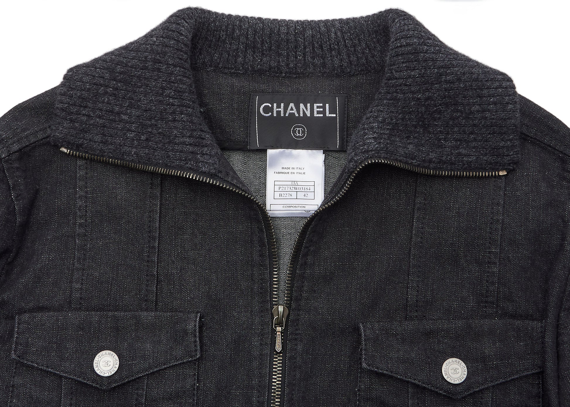 CHANEL Denim Jacket, Coco Button, Long Sleeve, Cotton Blend, Black, Gold-Tone Hardware, Pre-Owned - Vintage La Charme