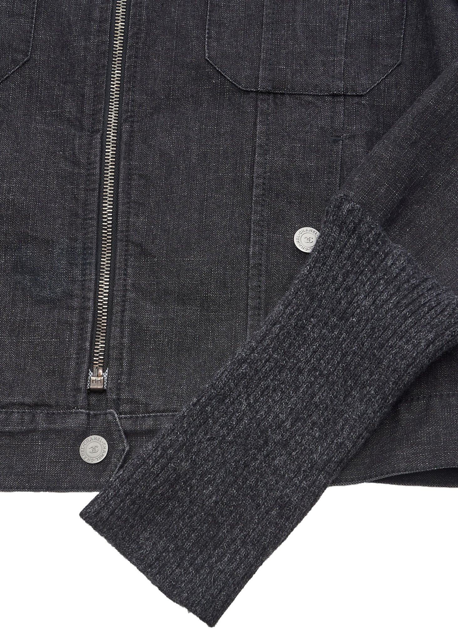 CHANEL Denim Jacket, Coco Button, Long Sleeve, Cotton Blend, Black, Gold-Tone Hardware, Pre-Owned - Vintage La Charme