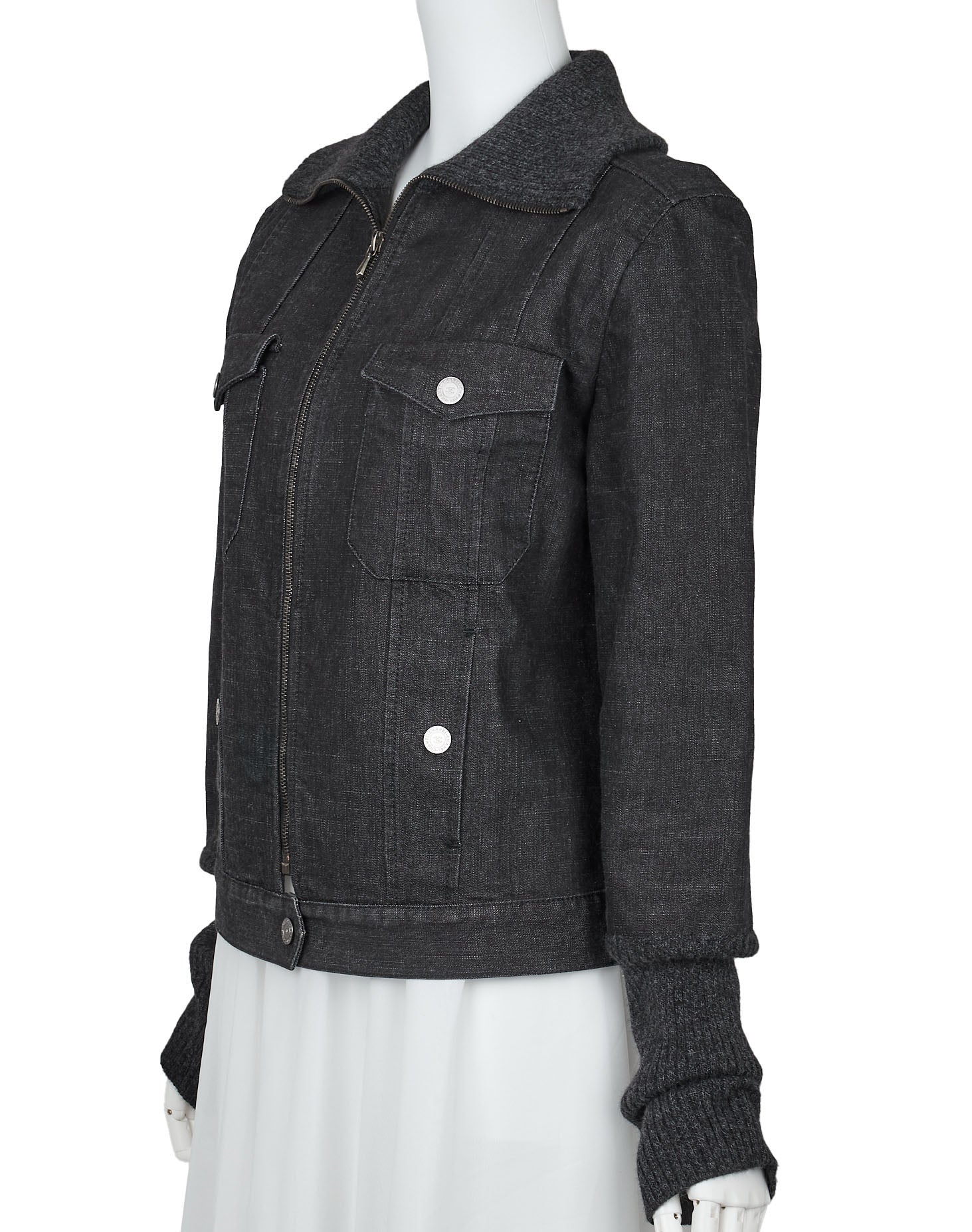 CHANEL Denim Jacket, Coco Button, Long Sleeve, Cotton Blend, Black, Gold-Tone Hardware, Pre-Owned - Vintage La Charme