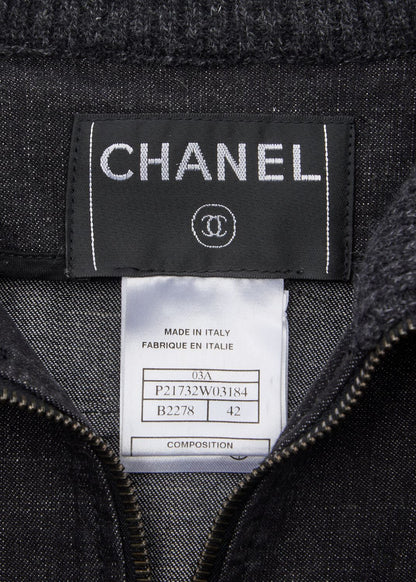 CHANEL Denim Jacket, Coco Button, Long Sleeve, Cotton Blend, Black, Gold-Tone Hardware, Pre-Owned - Vintage La Charme