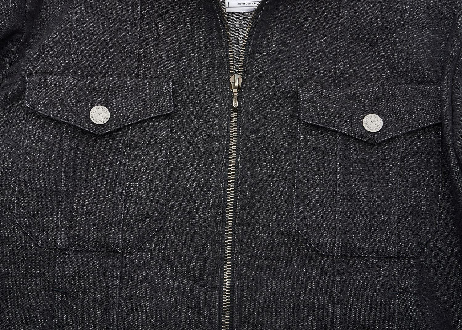 CHANEL Denim Jacket, Coco Button, Long Sleeve, Cotton Blend, Black, Gold-Tone Hardware, Pre-Owned - Vintage La Charme