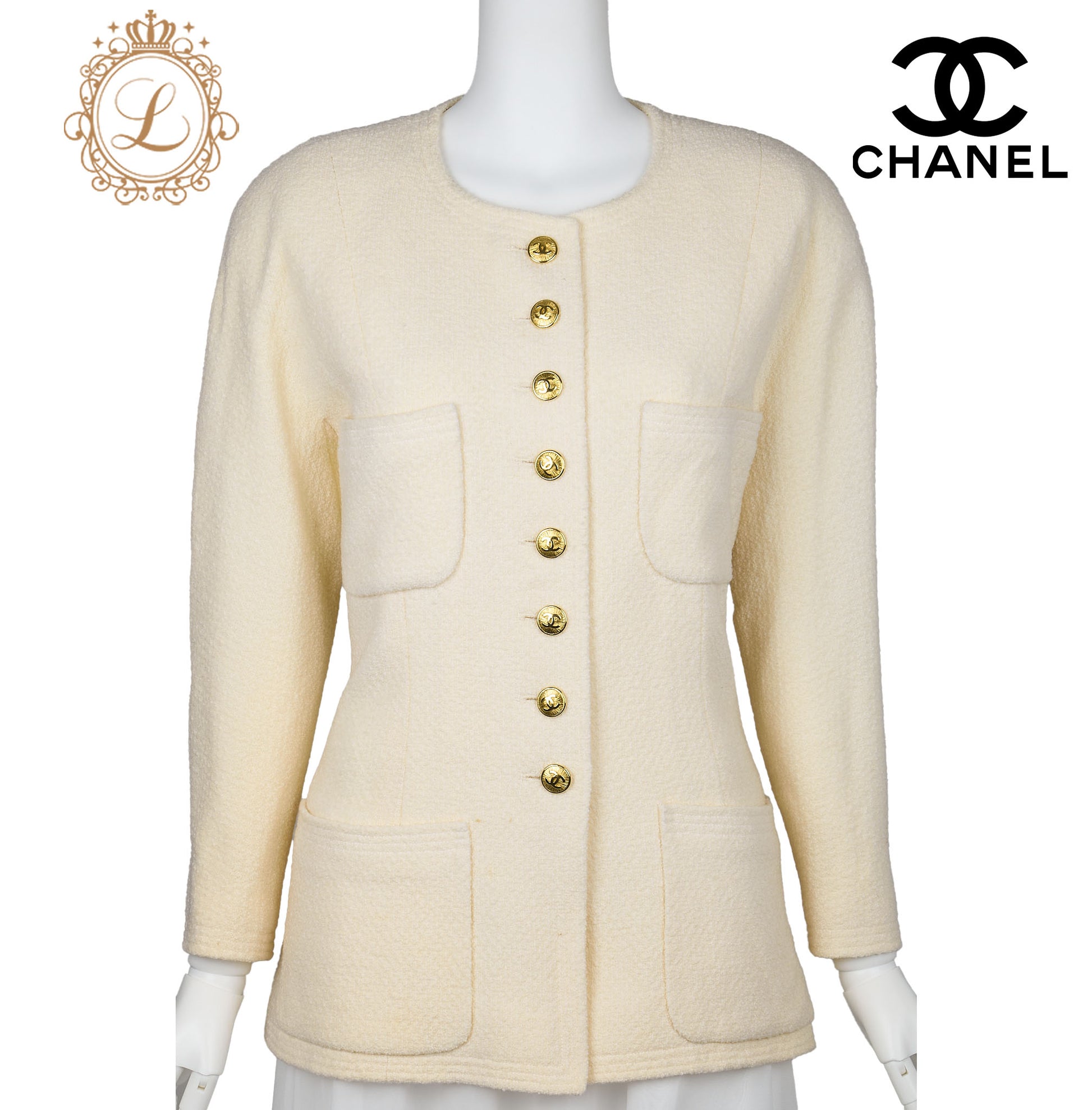 CHANEL Collarless Jacket, Long Sleeve, Wool, Ivory, Gold-Tone Hardware, Pre-Owned - Vintage La Charme