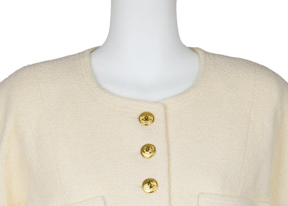 CHANEL Collarless Jacket, Long Sleeve, Wool, Ivory, Gold-Tone Hardware, Pre-Owned - Vintage La Charme