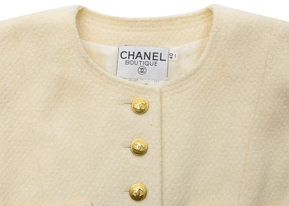 CHANEL Collarless Jacket, Long Sleeve, Wool, Ivory, Gold-Tone Hardware, Pre-Owned - Vintage La Charme