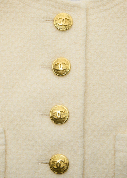 CHANEL Collarless Jacket, Long Sleeve, Wool, Ivory, Gold-Tone Hardware, Pre-Owned - Vintage La Charme