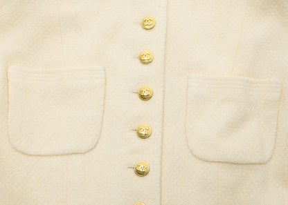 CHANEL Collarless Jacket, Long Sleeve, Wool, Ivory, Gold-Tone Hardware, Pre-Owned - Vintage La Charme