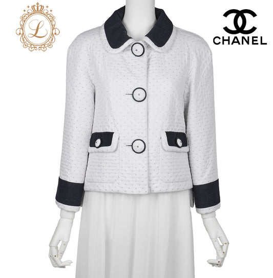 CHANEL Blouson Jacket, Coco Mark Dot, Long Sleeve, Polyester, White, Gold-Tone Hardware, Pre-Owned - Vintage La Charme