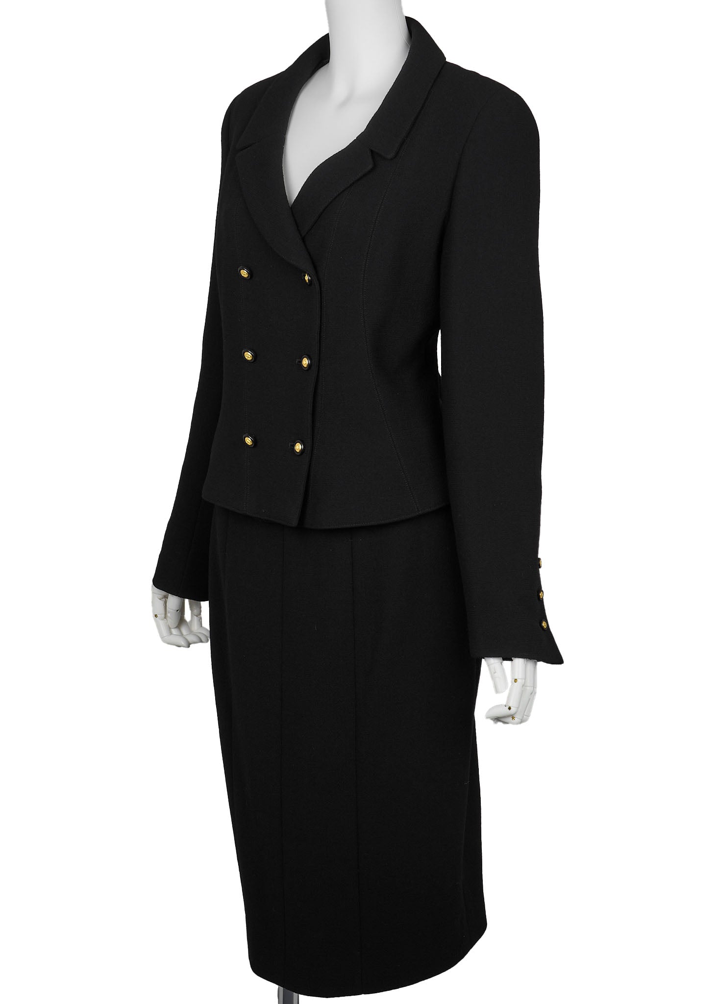 CHANEL Jacket Skirt Set, Coco Button, Wool, Black, Pre-Owned - Vintage La Charme