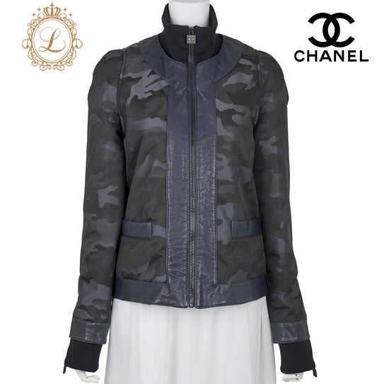 CHANEL Sports Line Camouflage Jacket Blouson, Long Sleeve, Polyester Blend, Black, Silver-Tone Hardware, Pre-Owned - Vintage La Charme