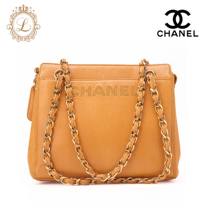 CHANEL Shoulder Tote Bag Logo Mark Double Chain Shoulder Caviar Skin Beige Gold-Tone Hardware Pre-Owned - Vintage La Charme