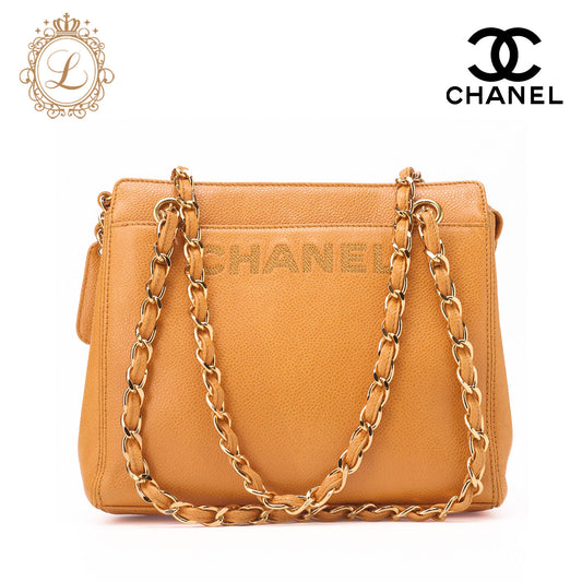 CHANEL Shoulder Tote Bag Logo Mark Double Chain Shoulder Caviar Skin Beige Gold-Tone Hardware Pre-Owned - Vintage La Charme