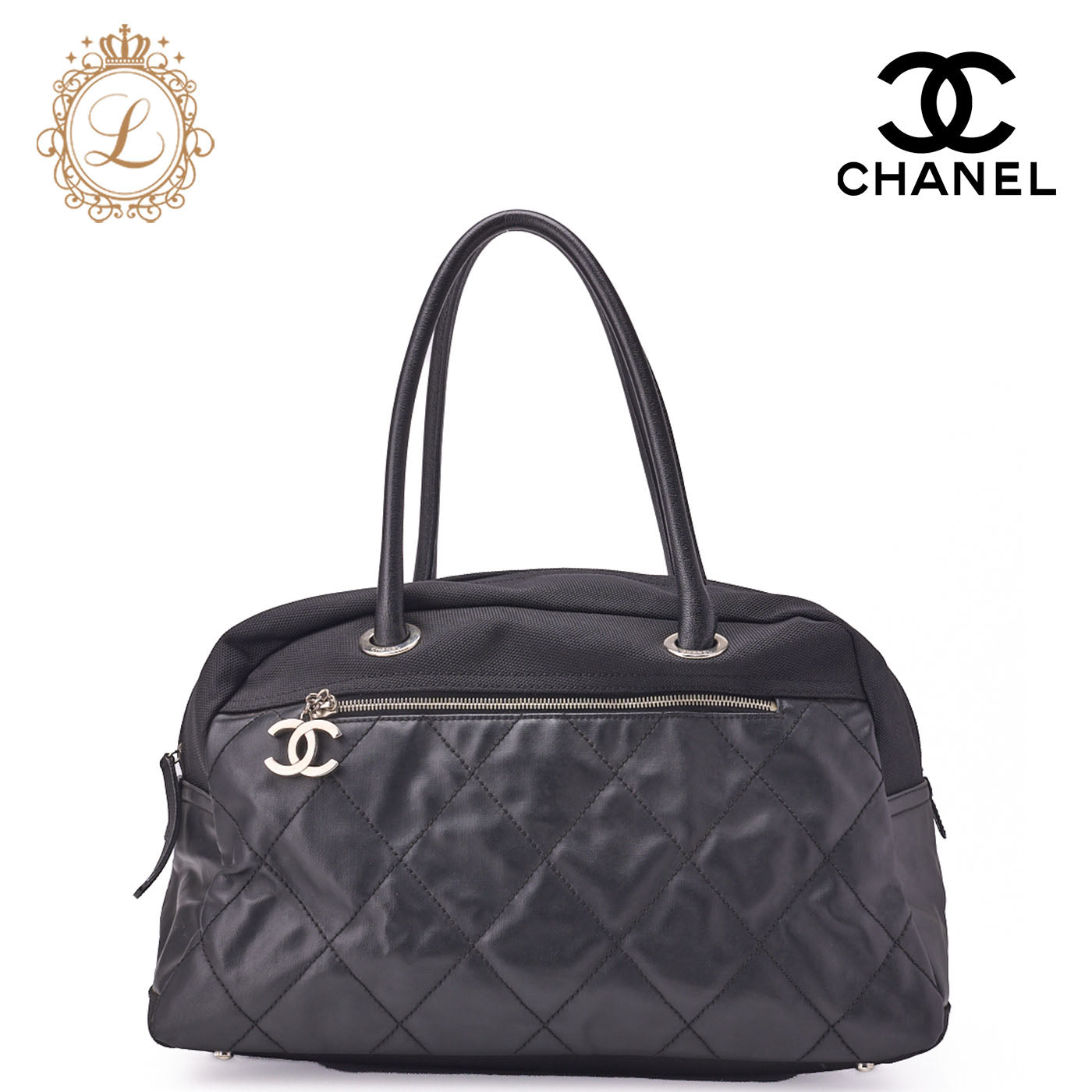 CHANEL Handbag Boston Bag Coated Canvas Coco Charm Black Silver-Tone Hardware Pre-Owned - Vintage La Charme