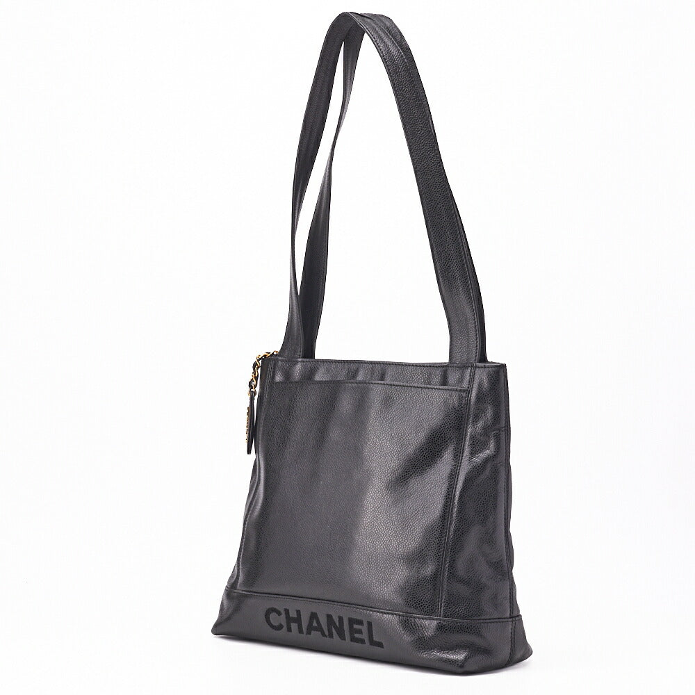 Chanel Tote Bag Logo Mark Plate Charm Caviar Leather Black Gold-Tone Hardware Pre-Owned - Vintage La Charme