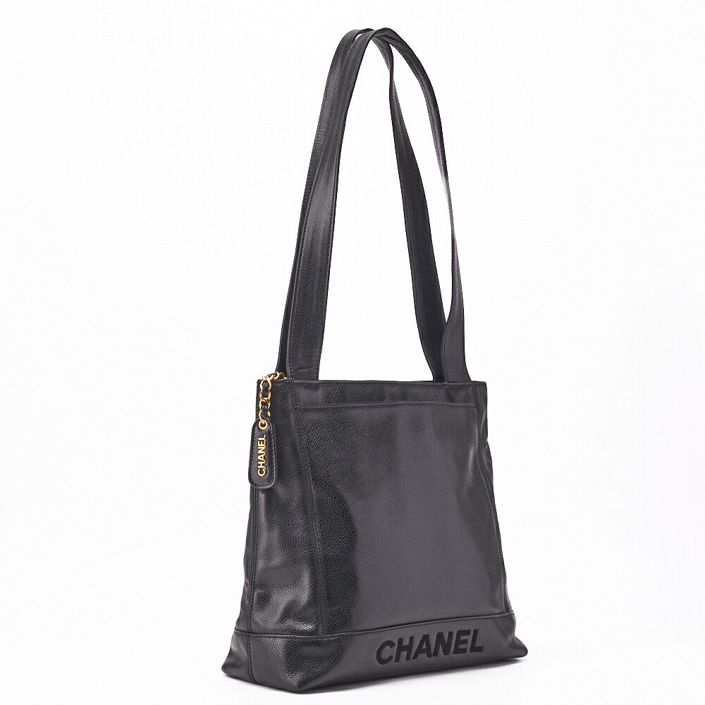 Chanel Tote Bag Logo Mark Plate Charm Caviar Leather Black Gold-Tone Hardware Pre-Owned - Vintage La Charme