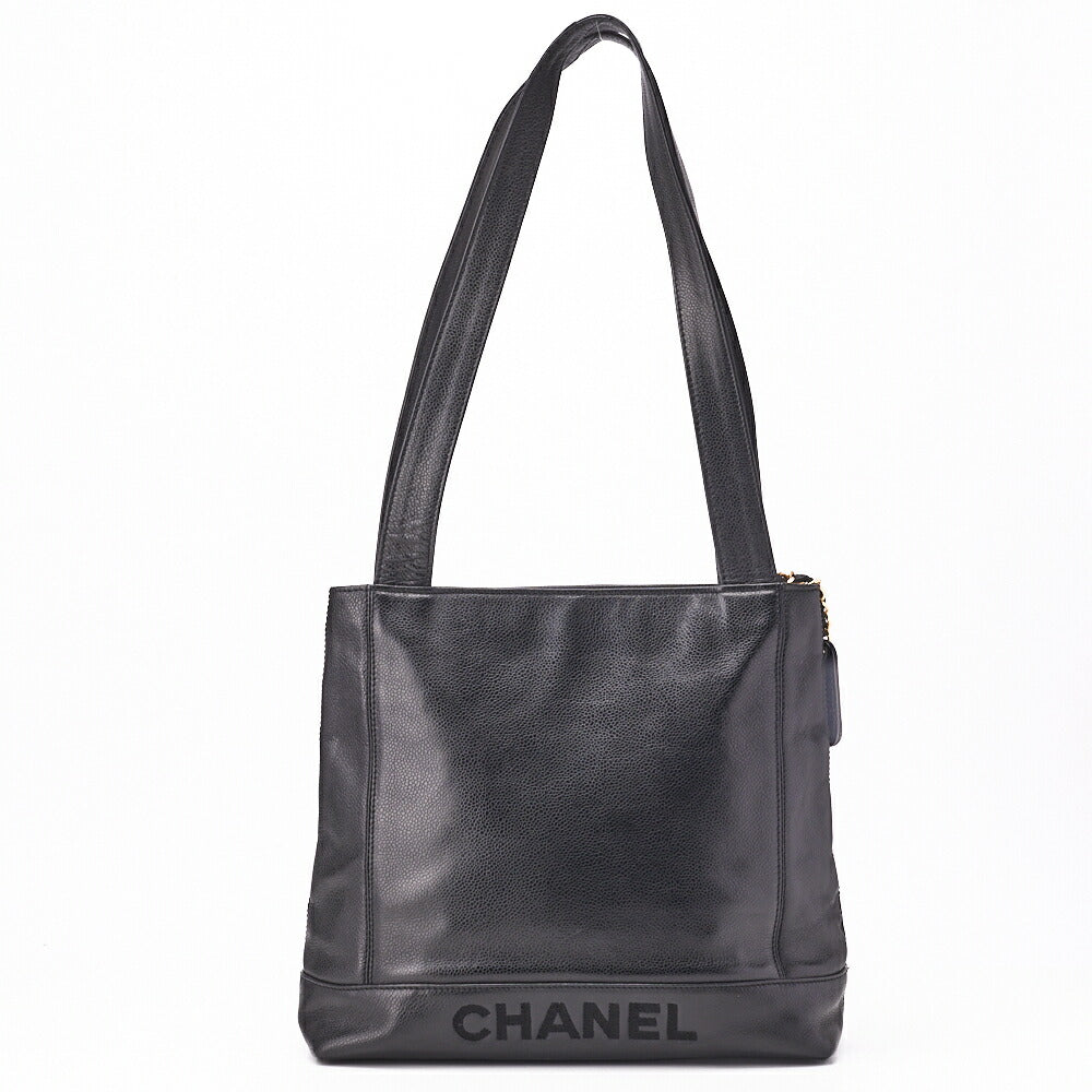 Chanel Tote Bag Logo Mark Plate Charm Caviar Leather Black Gold-Tone Hardware Pre-Owned - Vintage La Charme
