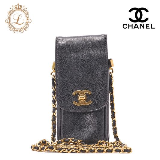 Chanel Shoulder Bag Pouch Turn Lock Caviar Skin Black Gold-Tone Hardware Pre-Owned - Vintage La Charme