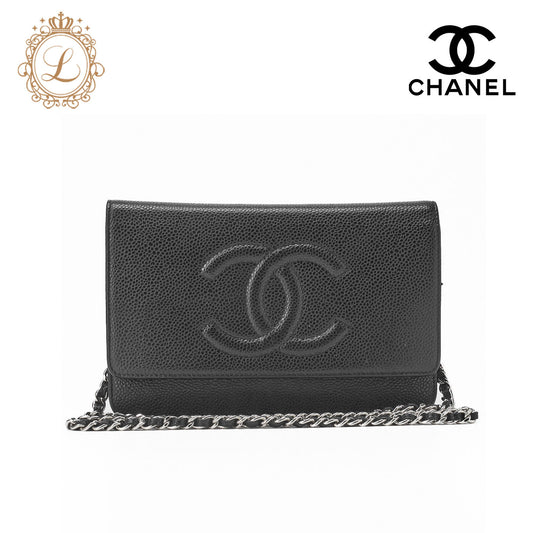 CHANEL Shoulder Bag Chain Wallet Caviar Skin Black Silver-Tone Hardware Pre-Owned - Vintage La Charme