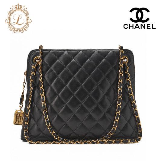 CHANEL Shoulder Bag Matelasse Plate Charm Lambskin Black Gold-Tone Hardware Pre-Owned - Vintage La Charme