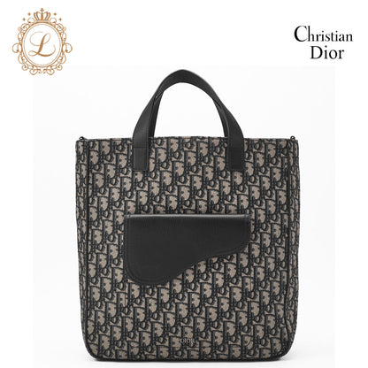 Dior Saddle Tote Bag Oblique Canvas Leather Black Silver-Tone Hardware Pre-Owned - Vintage La Charme