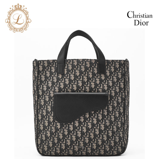 Dior Saddle Tote Bag Oblique Canvas Leather Black Silver-Tone Hardware Pre-Owned - Vintage La Charme
