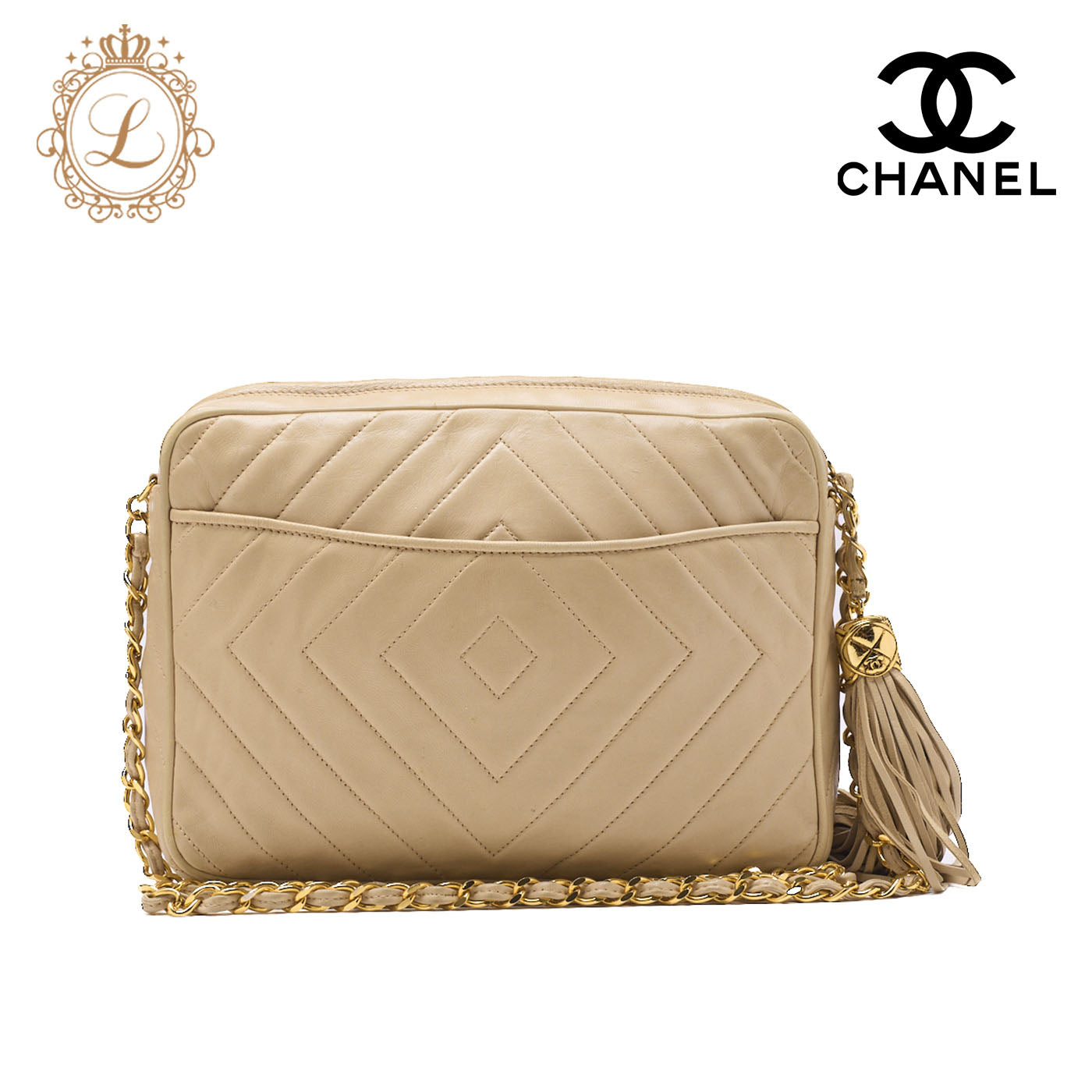 CHANEL Shoulder Bag, Coco Mark Fringe, Lambskin, Beige, Gold-Tone Hardware, Pre-Owned - Vintage La Charme