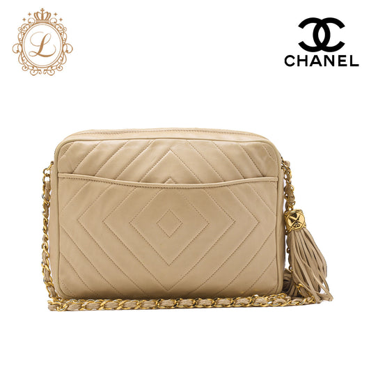 CHANEL Shoulder Bag, Coco Mark Fringe, Lambskin, Beige, Gold-Tone Hardware, Pre-Owned - Vintage La Charme