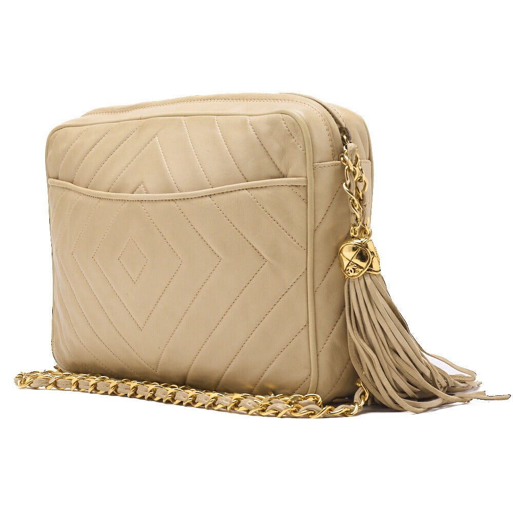 CHANEL Shoulder Bag, Coco Mark Fringe, Lambskin, Beige, Gold-Tone Hardware, Pre-Owned - Vintage La Charme