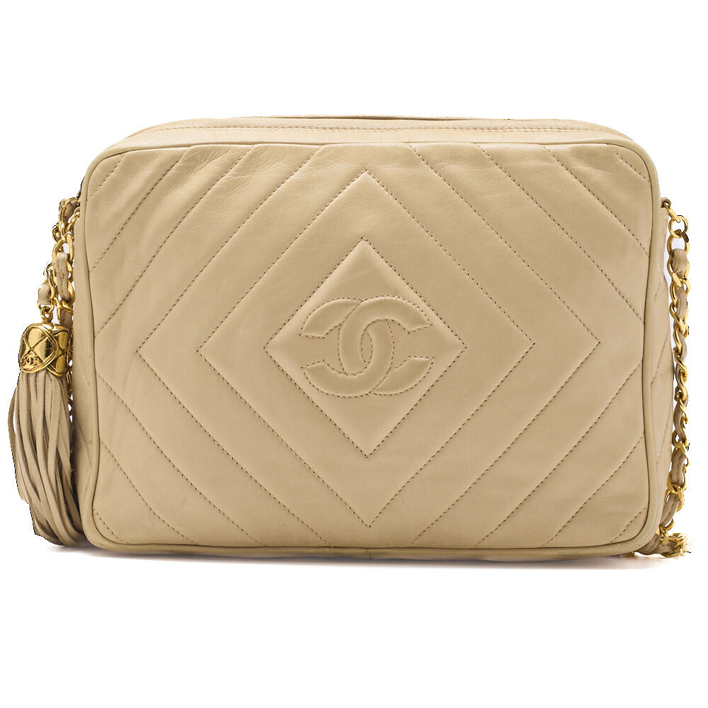 CHANEL Shoulder Bag, Coco Mark Fringe, Lambskin, Beige, Gold-Tone Hardware, Pre-Owned - Vintage La Charme