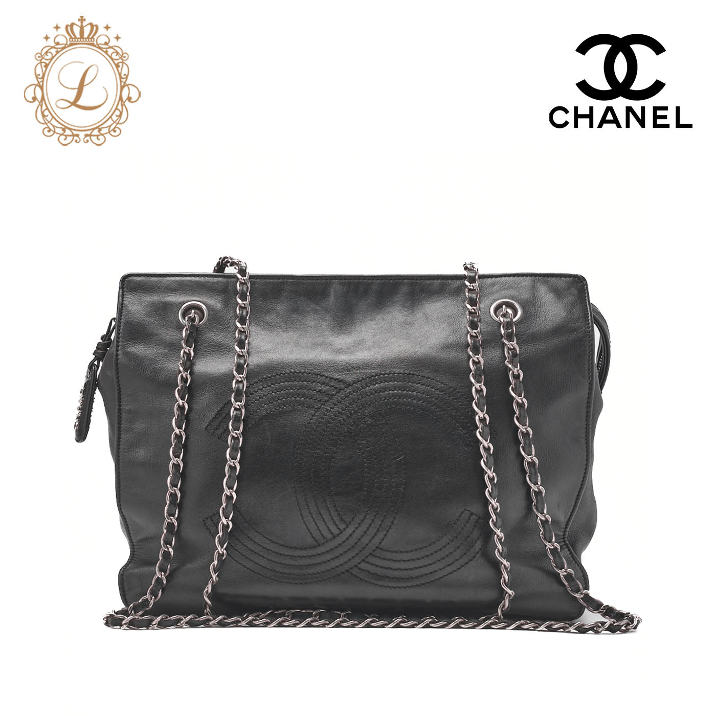 CHANEL Shoulder Tote Bag Coco Mark Double Chain Shoulder Lambskin Black Gold-Tone Hardware Pre-Owned - Vintage La Charme