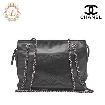 CHANEL Shoulder Tote Bag Coco Mark Double Chain Shoulder Lambskin Black Gold-Tone Hardware Pre-Owned - Vintage La Charme