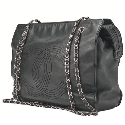 CHANEL Shoulder Tote Bag Coco Mark Double Chain Shoulder Lambskin Black Gold-Tone Hardware Pre-Owned - Vintage La Charme