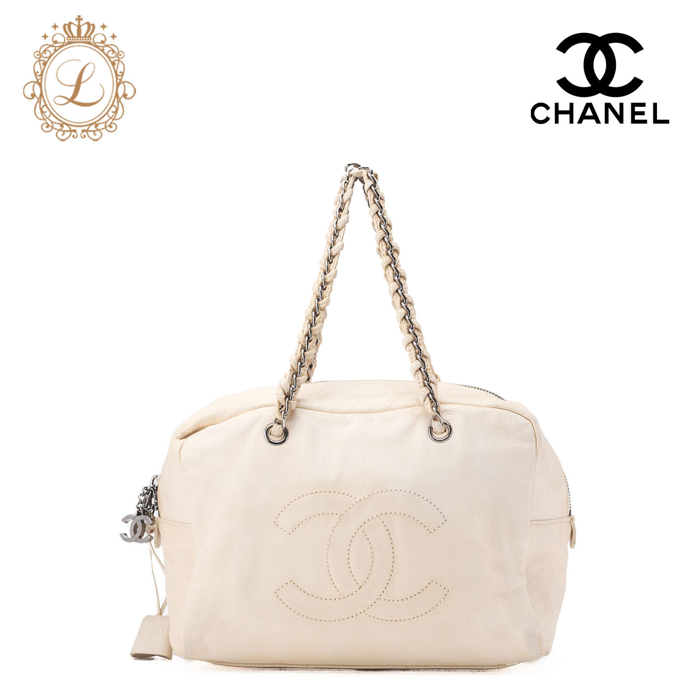 CHANEL Tote Bag Coco Mark, Leather, White, Silver-Tone Hardware, Pre-Owned - Vintage La Charme