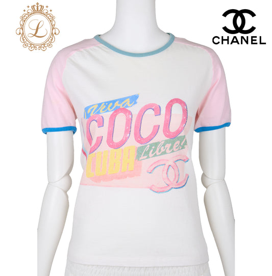 CHANEL T-Shirt, Short Sleeve, Cut and Sew, Cotton, White, Gold-Tone Hardware, Pre-Owned - Vintage La Charme