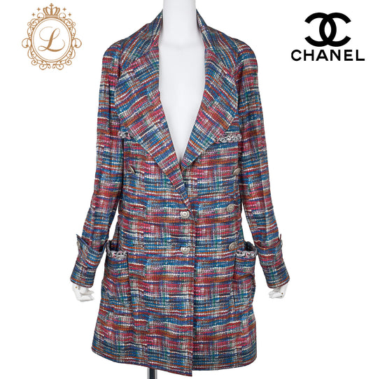 CHANEL Outerwear Jacket, Coco Button, Cotton Polyester Blend, Multicolor, Silver-Tone Hardware, Pre-Owned - Vintage La Charme