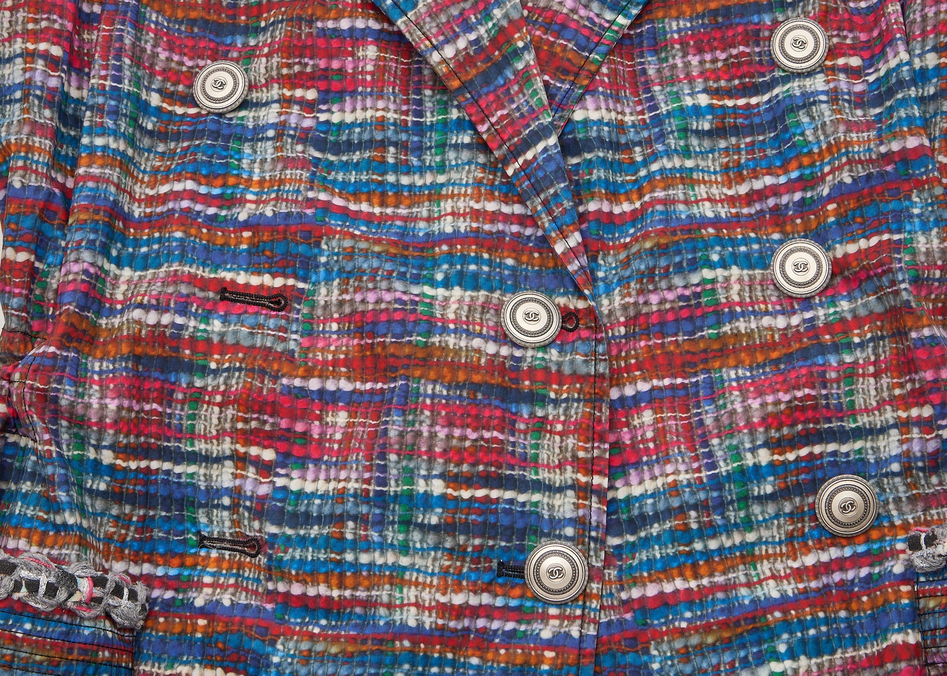 CHANEL Outerwear Jacket, Coco Button, Cotton Polyester Blend, Multicolor, Silver-Tone Hardware, Pre-Owned - Vintage La Charme