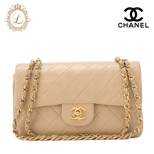 Chanel Shoulder Bag Matelasse Double Flap Lambskin Beige Gold-Tone Hardware Pre-Owned - Vintage La Charme