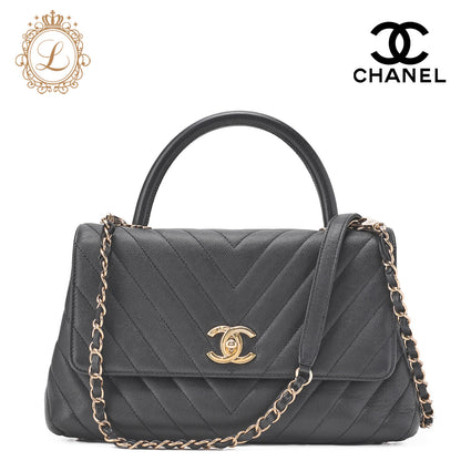 CHANEL Shoulder Bag 2WAY V Stitch Coco Handle Caviar Leather Black Gold-Tone Hardware Pre-Owned - Vintage La Charme