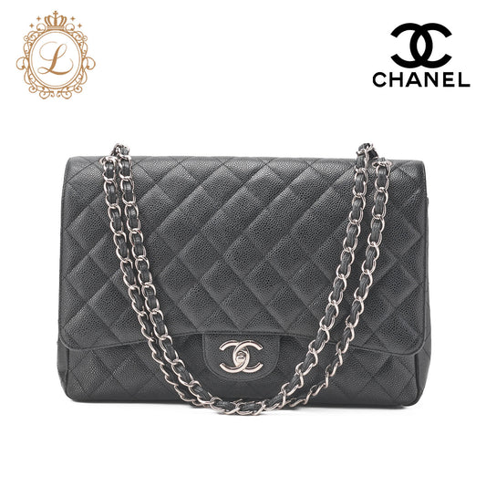 CHANEL Shoulder Bag, Deca Matelasse Double Flap, Caviar Skin, Black, Silver-Tone Hardware, Pre-Owned - Vintage La Charme