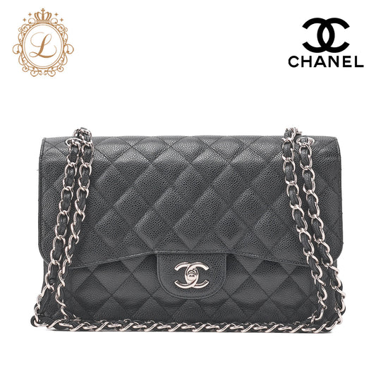 CHANEL Shoulder Bag, Deca Matelasse Double Flap, Caviar Skin, Black, Silver-Tone Hardware, Pre-Owned - Vintage La Charme