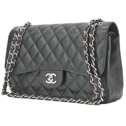 CHANEL Shoulder Bag, Deca Matelasse Double Flap, Caviar Skin, Black, Silver-Tone Hardware, Pre-Owned - Vintage La Charme