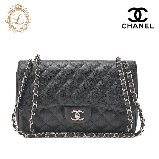 CHANEL Shoulder Bag, Deca Matelasse Double Flap, Caviar Skin, Black, Silver-Tone Hardware, Pre-Owned - Vintage La Charme