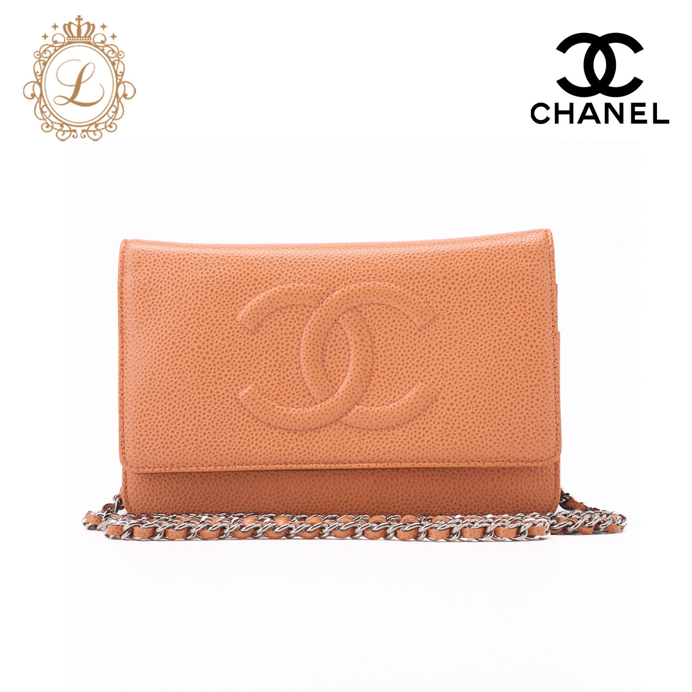 CHANEL Shoulder Bag Chain Wallet Caviar Skin Salmon Orange Silver-Tone Hardware Pre-Owned - Vintage La Charme